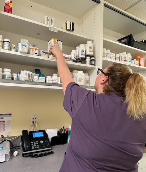 Our vet reaching for medications at the in-house pharmacy